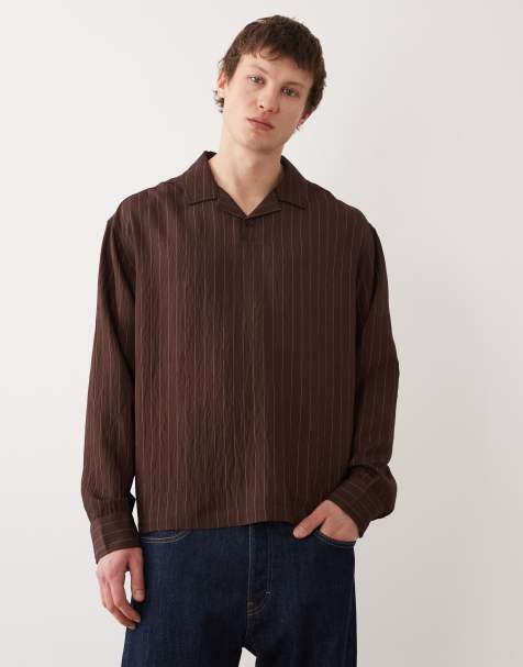 ASOS DESIGN oversized overhead stripe shirt in brown - view 1