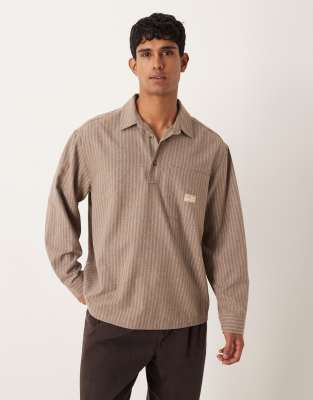 Asos Design Oversized Overhead Stripe Shirt With Badge Detail In Brown