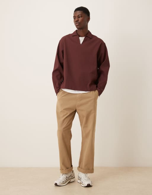 ASOS DESIGN oversized overhead textured shirt in burgundy, 2 of 5