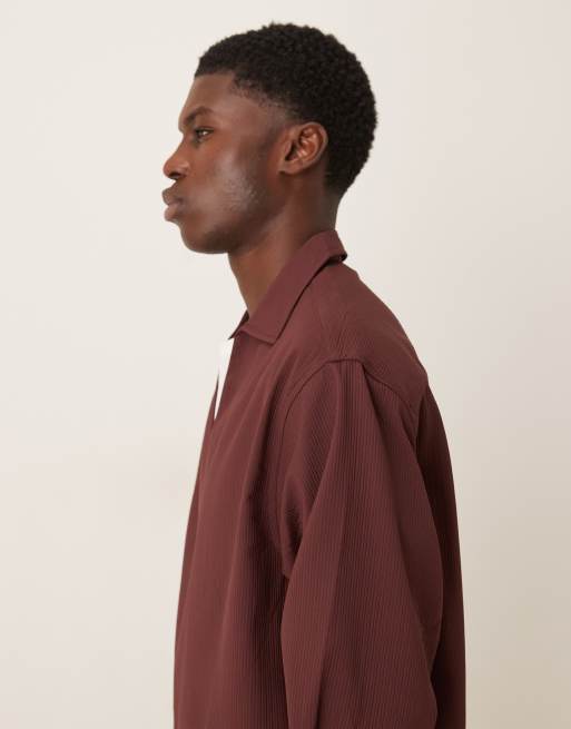 ASOS DESIGN oversized overhead textured shirt in burgundy, 4 of 5