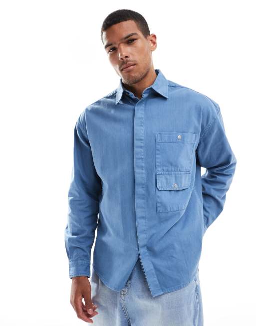 ASOS DESIGN - Oversized overhemd in jaren 90-stijl met opgestikte zak in blauw