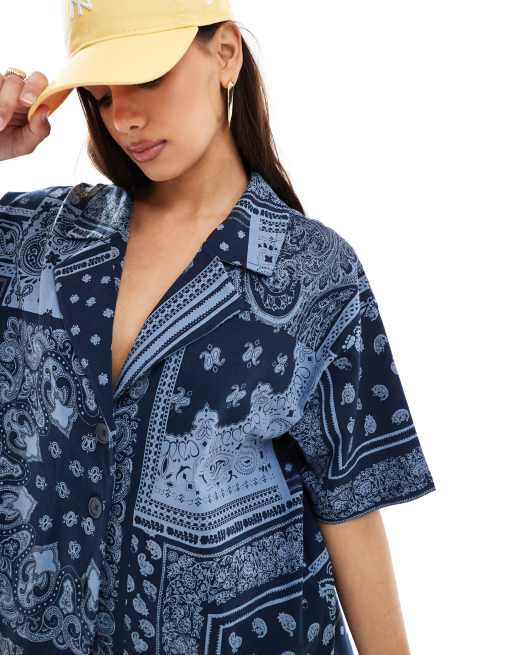 ASOS DESIGN - Oversized overhemd in marineblauw met bandanaprint, deel van co-ord set, 4 van 4