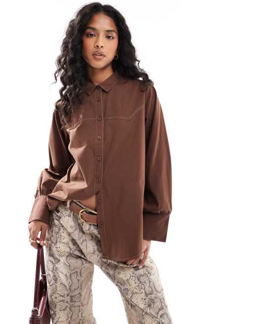 ASOS DESIGN - Oversized overhemd in westernstijl met contrasterende stiksels in chocoladebruin