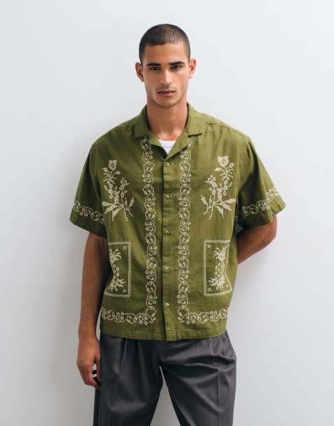 ASOS DESIGN - Oversized overhemd met borduursels in kruissteek in kaki - view 1