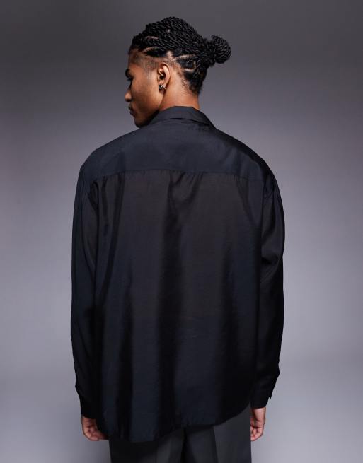 ASOS DESIGN - Oversized overhemd met brede reverskraag in zwart met borduursel in dezelfde tint, 3 van 5