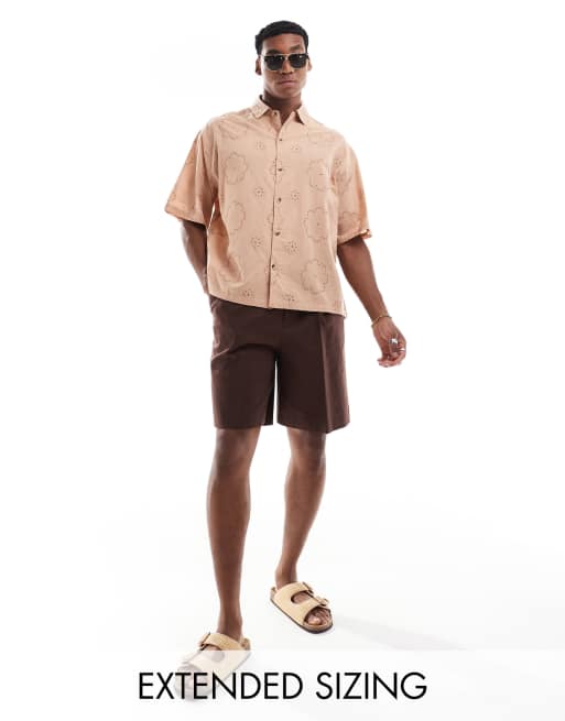 ASOS DESIGN - Oversized overhemd met broderie in lichtbruin 