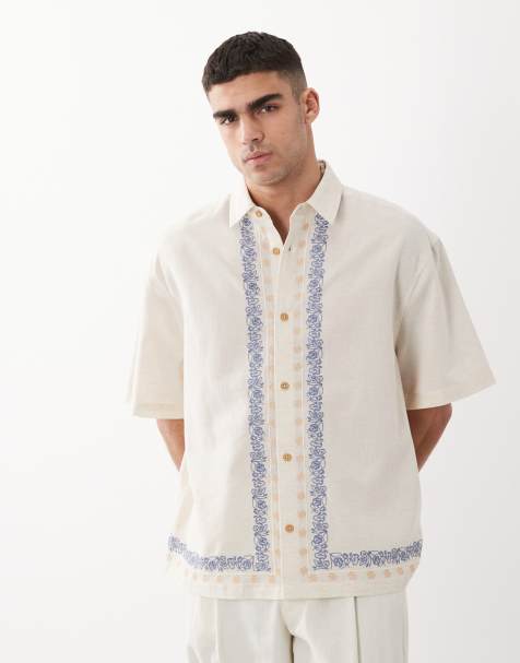 ASOS DESIGN - Oversized overhemd met geborduurde rand in stone - view 1