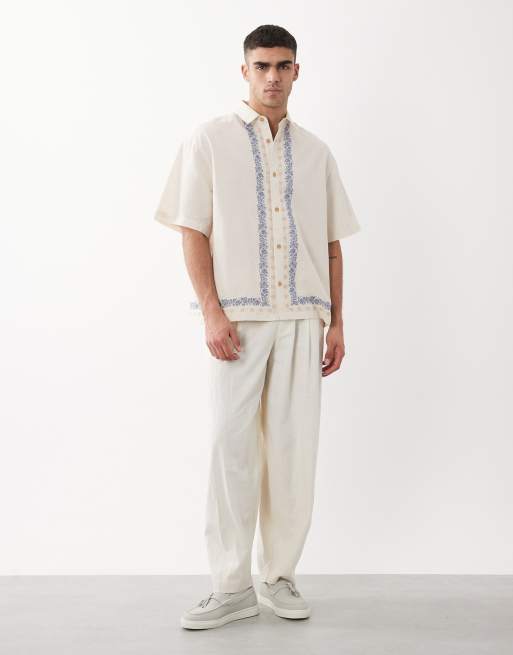 ASOS DESIGN - Oversized overhemd met geborduurde rand in stone, 2 van 5