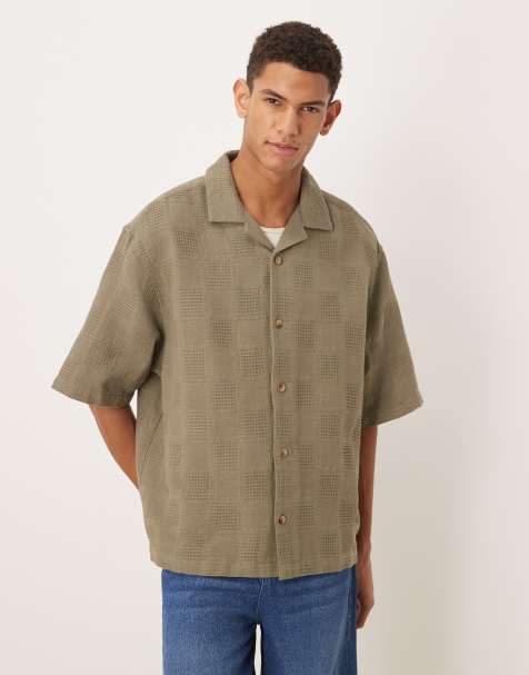 ASOS DESIGN - Oversized overhemd met halflange mouwen, reverskraag en rastertextuur in kaki - view 1