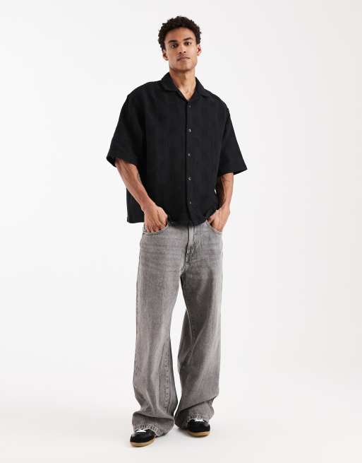 ASOS DESIGN - Oversized overhemd met halflange mouwen, reverskraag en rastertextuur in zwart, 2 van 5