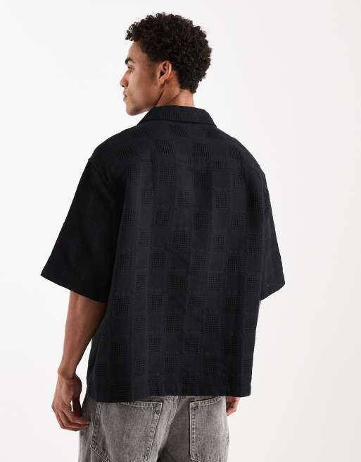 ASOS DESIGN - Oversized overhemd met halflange mouwen, reverskraag en rastertextuur in zwart, 3 van 5
