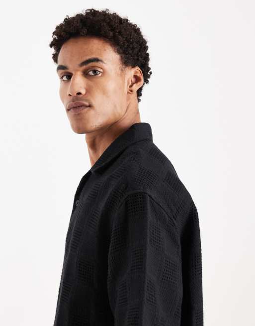ASOS DESIGN - Oversized overhemd met halflange mouwen, reverskraag en rastertextuur in zwart, 4 van 5