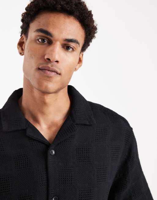 ASOS DESIGN - Oversized overhemd met halflange mouwen, reverskraag en rastertextuur in zwart, 5 van 5