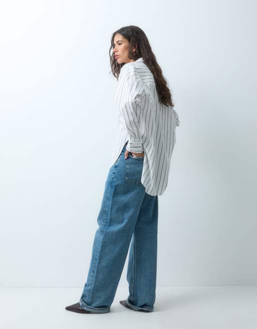 ASOS DESIGN oversized overhemd met lange achterkant in beige streep, 5 van 9