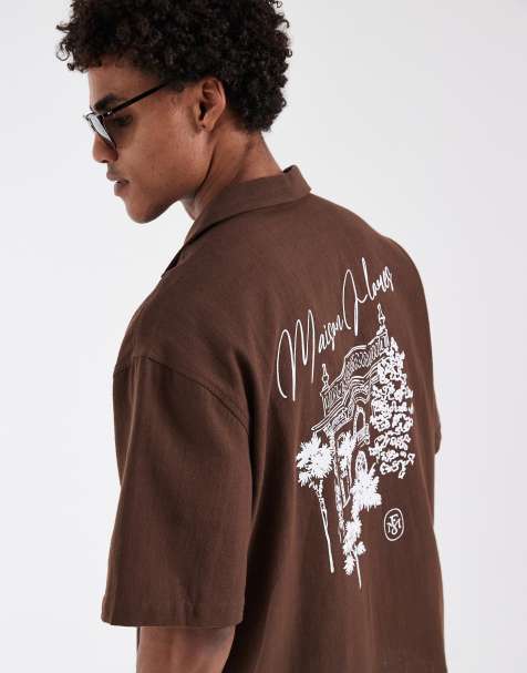 ASOS DESIGN - Oversized overhemd met linnenlook en print op de achterkant in bruin - view 1