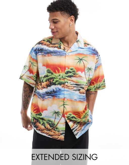 ASOS DESIGN - Oversized overhemd met linnenlook, reverskraag en Hawaïaanse print