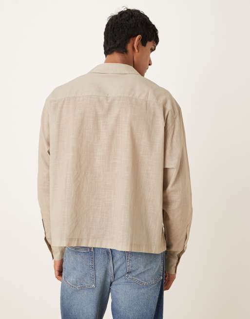 ASOS DESIGN - Oversized overhemd met linnenlook, reverskraag en olijfprint in bruin, 3 van 5