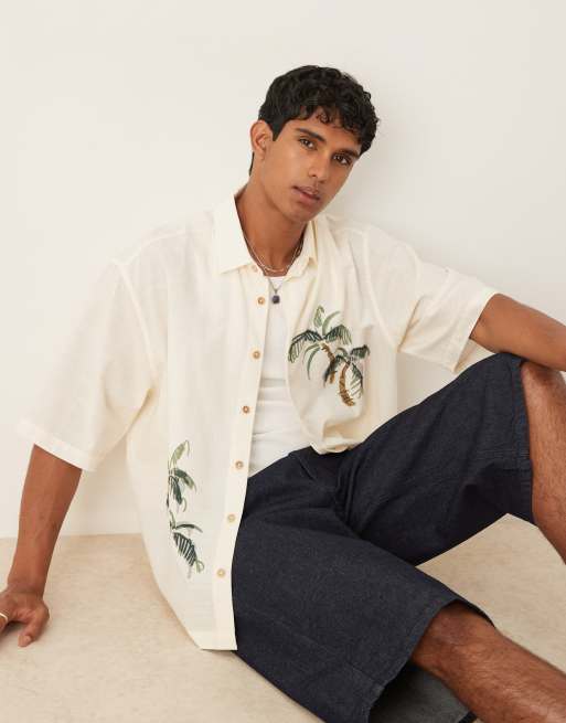 ASOS DESIGN - Oversized overhemd met palmenprint in beige, 4 van 4