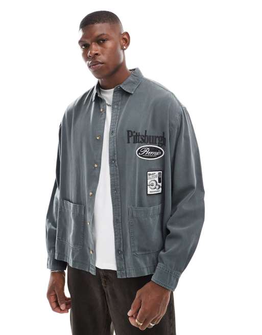 ASOS DESIGN - Oversized overhemd met patches in grijs