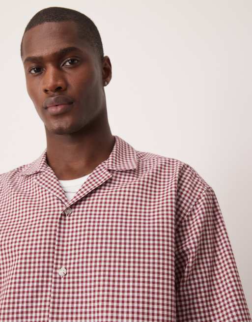 ASOS DESIGN oversized boxy shirt with half sleeve in burgundy mini plaid