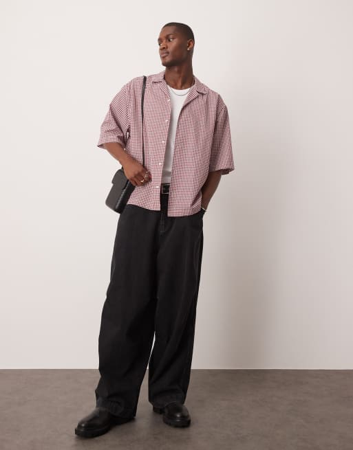 ASOS DESIGN oversized boxy shirt with half sleeve in burgundy mini plaid