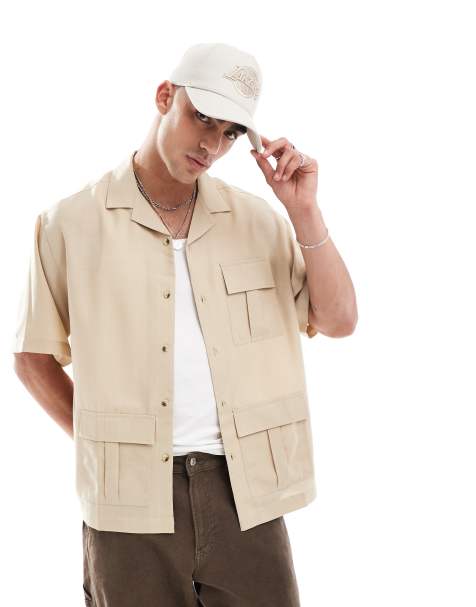 ASOS DESIGN - Oversized overhemd met reverskraag en cargozak in beige - view 1