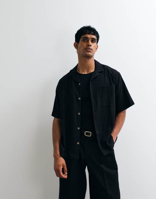 ASOS DESIGN - Oversized overhemd met reverskraag en gekreukte textuur in zwart, 3 van 5