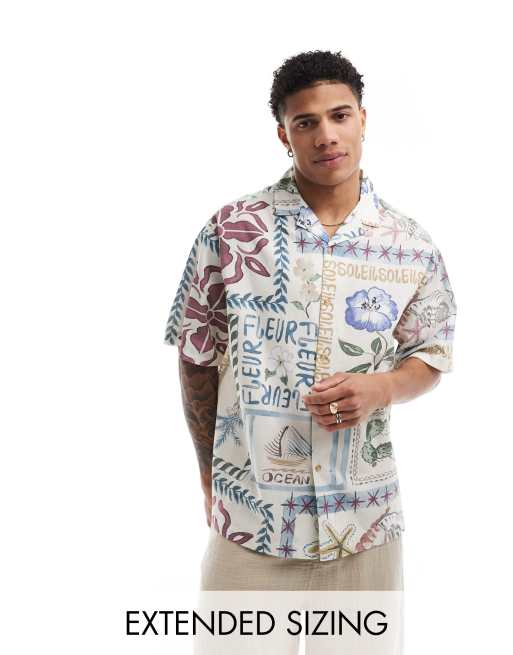 ASOS DESIGN - Oversized overhemd met reverskraag en postzegel-vakantieprint in multi