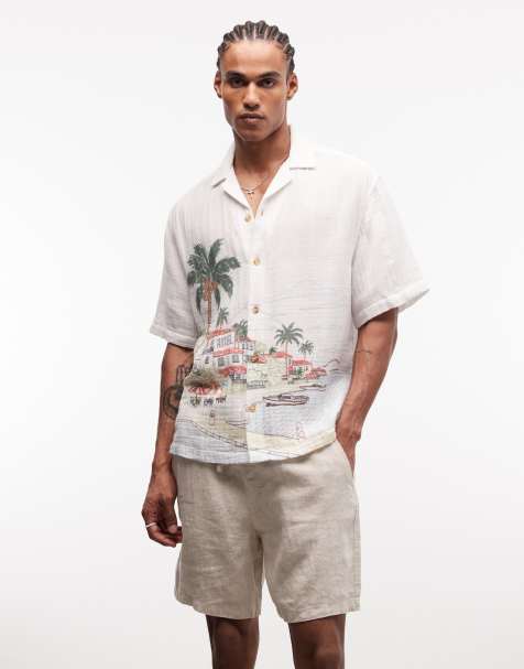 ASOS DESIGN - Oversized overhemd met strandprint in beige - view 1