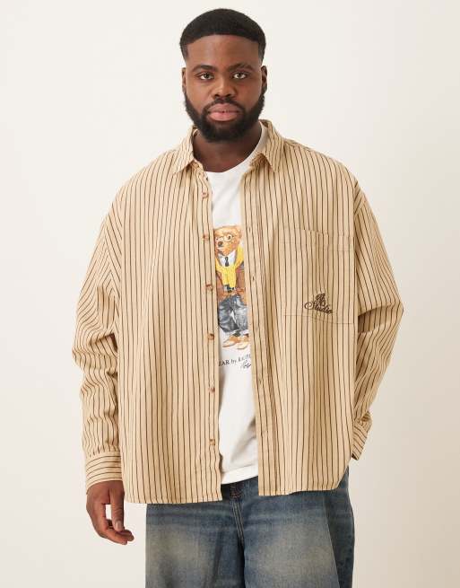 ASOS DESIGN - Oversized overhemd met strepen en geborduurd logo op de borst in beige, 2 van 5