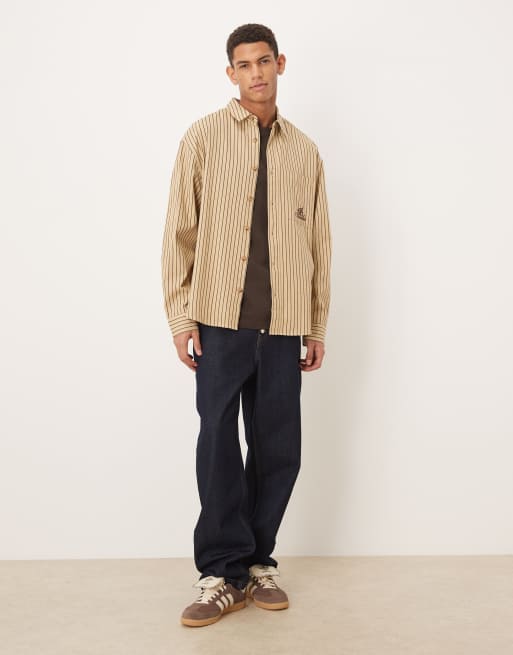 ASOS DESIGN - Oversized overhemd met strepen en geborduurd logo op de borst in beige, 3 van 5