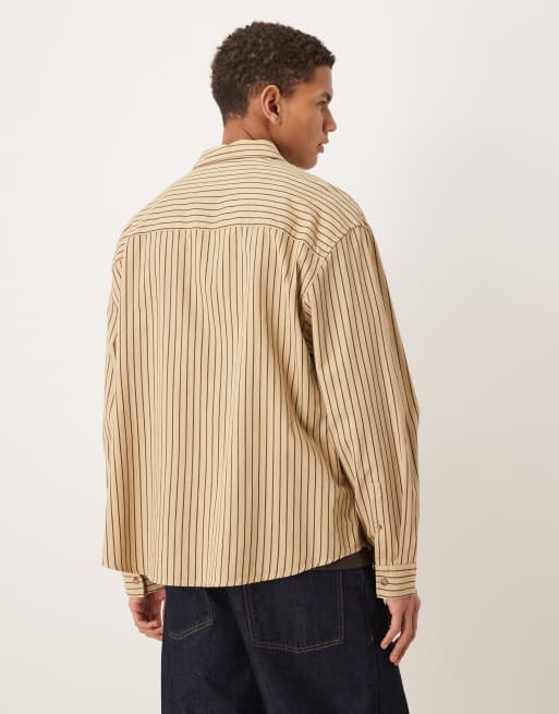 ASOS DESIGN - Oversized overhemd met strepen en geborduurd logo op de borst in beige, 4 van 5