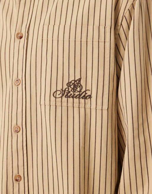 ASOS DESIGN - Oversized overhemd met strepen en geborduurd logo op de borst in beige, 5 van 5