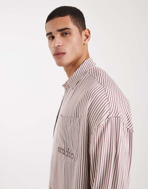ASOS DESIGN - Oversized overhemd met strepen en geborduurd logo op de borst in beige, 4 van 5