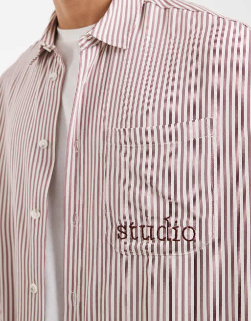 ASOS DESIGN - Oversized overhemd met strepen en geborduurd logo op de borst in beige, 5 van 5