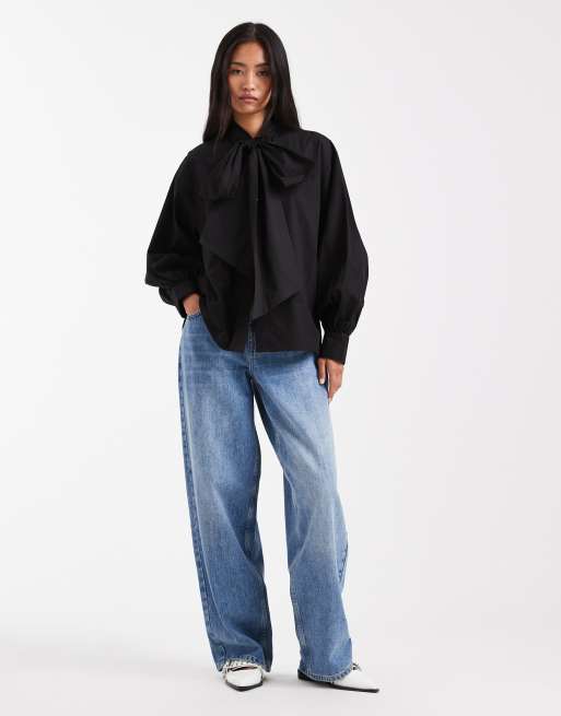 ASOS DESIGN - Oversized overhemd met strik aan de hals in zwart, 4 van 4