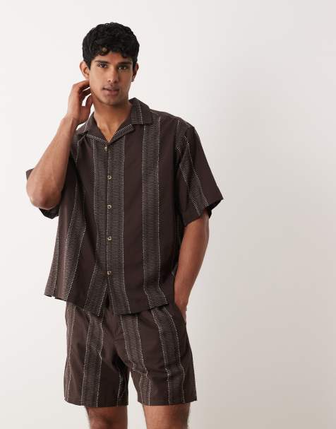 ASOS DESIGN - Oversized overhemd met textuur en reverskraag in donkerbruin, deel van co-ord set - view 1