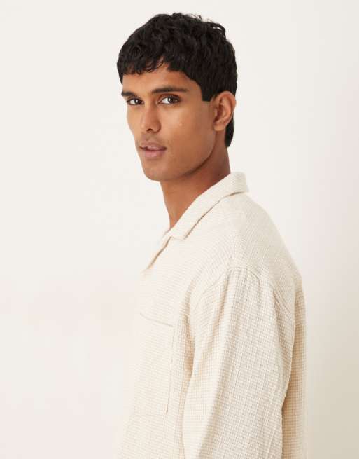 ASOS DESIGN - Oversized overhemd met textuur en reverskraag in stone micro ruit, 4 van 5