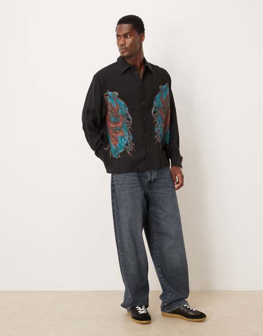 ASOS DESIGN - Oversized overhemd met vierkante kraag en drakenprint in zwart, 2 van 5
