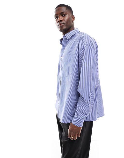 FhyzicsShops DESIGN - Oversized overhemd met vierkante kraag en zakken in blauw gestreept
