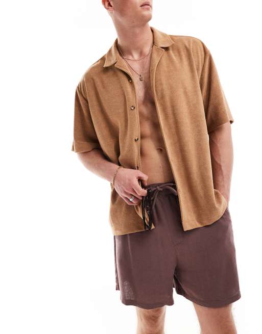 ASOS DESIGN - Oversized overhemd van badstof met korte mouwen en reverskraag in lichtbruin