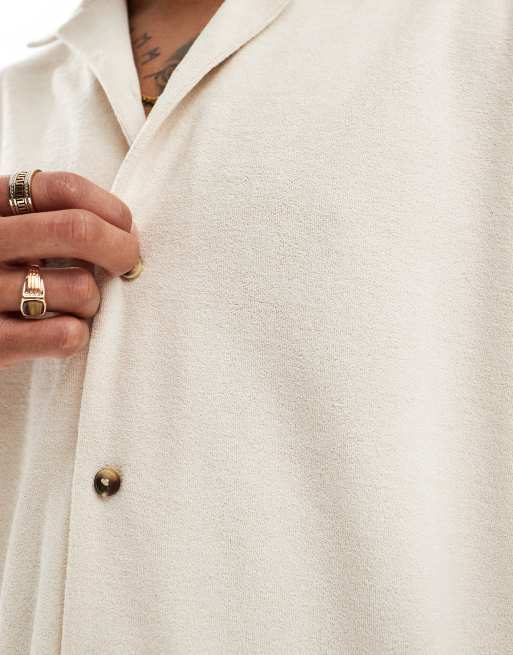 ASOS DESIGN - Oversized overhemd van badstof met reverskraag in ecru, 3 van 4