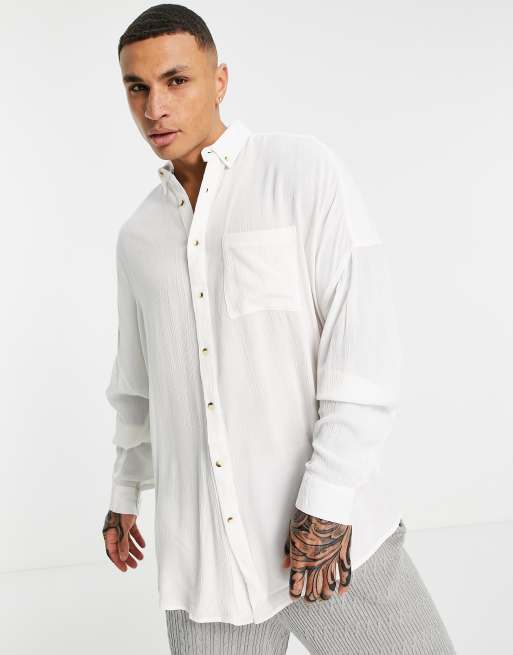 ASOS DESIGN - Oversized overhemd van gekreukeld viscose in wit