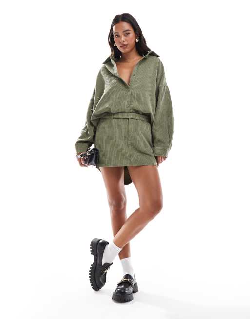 ASOS DESIGN - Oversized overhemd van gevarieerd corduroy in olijfgroen, deel van co-ord set