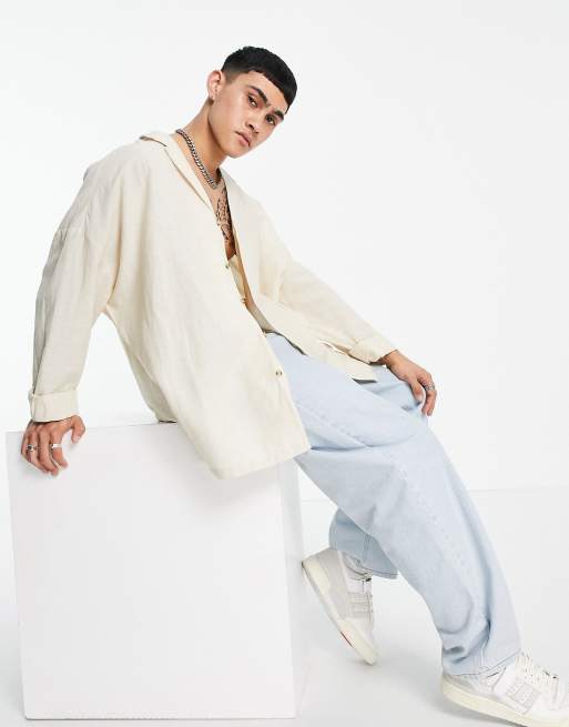 ASOS DESIGN - Oversized overhemd van linnen met verlaagde schouders en reverskraag in stone