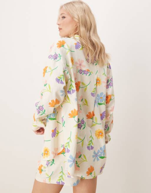 ASOS DESIGN - Oversized overhemd van linnenmix met geverfde bloemenprint, deel van co-ord set , 4 van 4