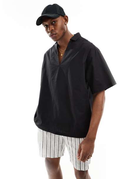 ASOS DESIGN - Oversized overhemd van linnenmix zonder sluiting met korte mouwen in zwart - view 1
