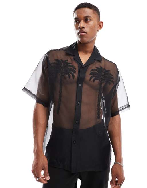 ASOS DESIGN - Oversized overhemd van organza met reverskraag en geborduurde palmbomen in zwart