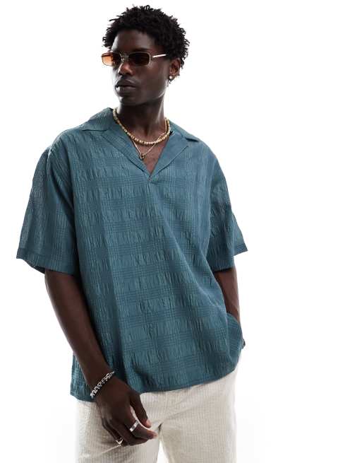 ASOS DESIGN - Oversized overhemd van seersucker zonder sluiting met reverskraag in blauw