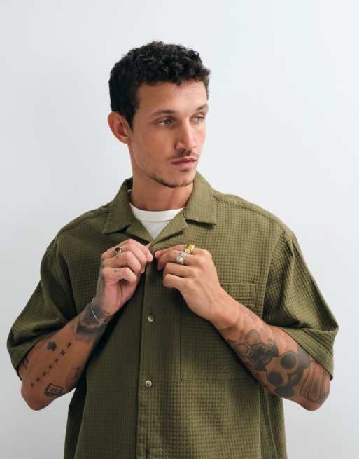 ASOS DESIGN - Oversized overhemd van wafelstof met reverskraag in groen, 2 van 5